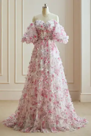 Blomsterfe Hvit Fuchsia Multi Farger Blomster Ballkjoler 2024 Gripende Ruffles Lange Korte Ermer Forlovelses Kjæreste Formelle Kjoler