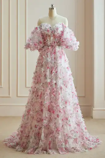 Flower Fairy White Fuchsia Multi Colors Floral Prom Dresses 2024 Cascading Ruffles Floor Length Long Short Sleeve Engagement Sweetheart Formal Dresses