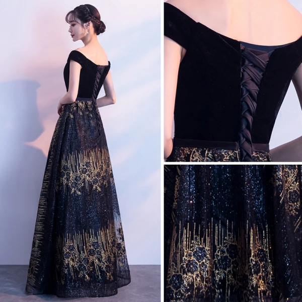 Bling Bling Navy Blue Evening Dresses 2018 A-Line / Princess V-Neck Short Sleeve Gold Glitter Tulle Floor-Length / Long Backless Formal Dresses