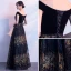 Bling Bling Navy Blue Evening Dresses  2018 A-Line / Princess V-Neck Short Sleeve Gold Glitter Tulle Floor-Length / Long Backless Formal Dresses