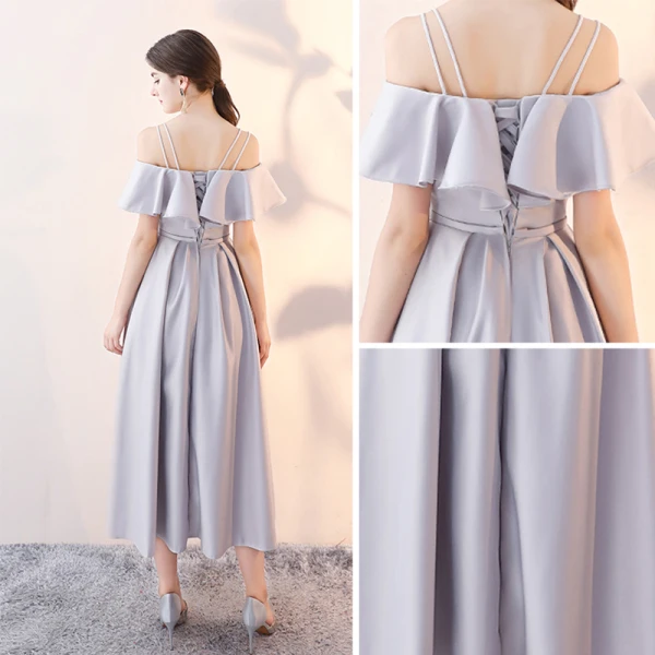 Chic / Beautiful Grey Homecoming Graduation Dresses 2018 A-Line / Princess Off-The-Shoulder Spaghetti Straps Short Sleeve Bow Sash Tea-length Ruffle Backless Formal Dresses