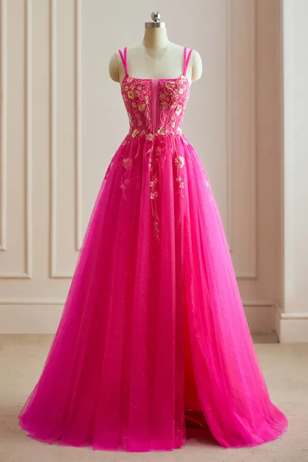 Eye-catching Glitter Sequins Fuchsia Prom Dresses 2024 A-Line / Princess Spaghetti Straps Backless Sleeveless Floor-Length / Long Evening Dresses