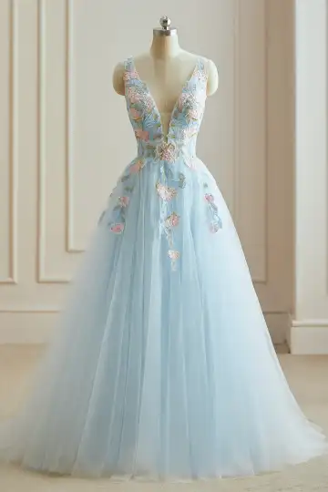 Blomsterfe Himmelen Blå 3d Lace Ballkjoler 2024 Kryssede Stropper Lange V Hals Dancing Uten Ermer Prinsesse Formelle Kjoler