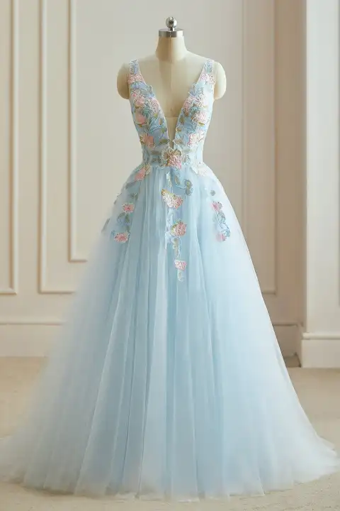 Fée Des Fleurs Bleu Ciel Dentelle 3D Robe De Bal 2024 Bretelles croisées Longue V-Cou Dansant Sans Manches Princesse Robe De Cérémonie