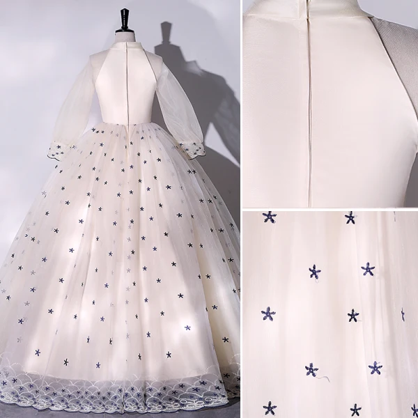 Élégant Champagne Robe De Bal 2022 Robe Boule Encolure Dégagée Étoile En Dentelle Perlage Perle Paillettes Manches Longues Longue Robe De Ceremonie