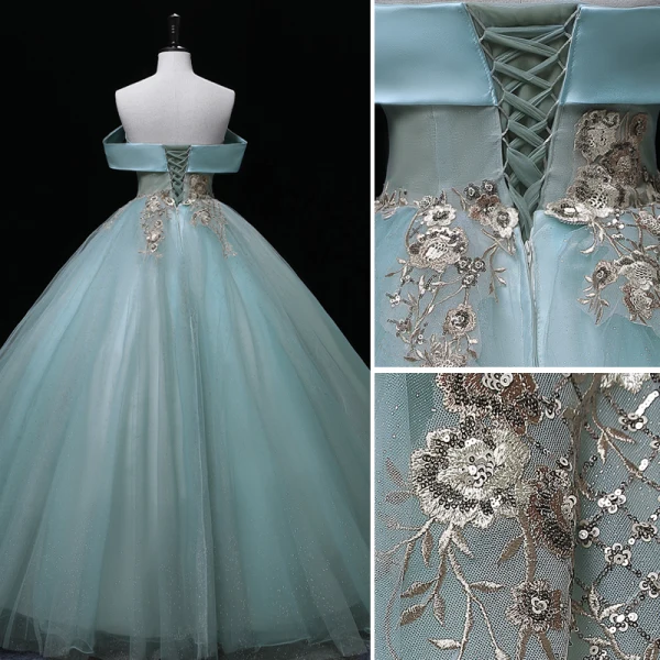 Elegant Mint Green Lace Flower Sequins Formal Dresses 2022 Ball Gown Off-The-Shoulder Sleeveless Backless Floor-Length / Long Prom Dresses