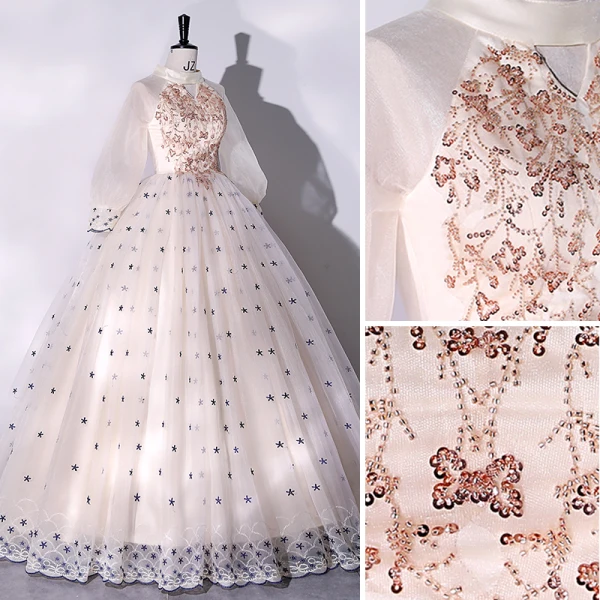 Élégant Champagne Robe De Bal 2022 Robe Boule Encolure Dégagée Étoile En Dentelle Perlage Perle Paillettes Manches Longues Longue Robe De Ceremonie