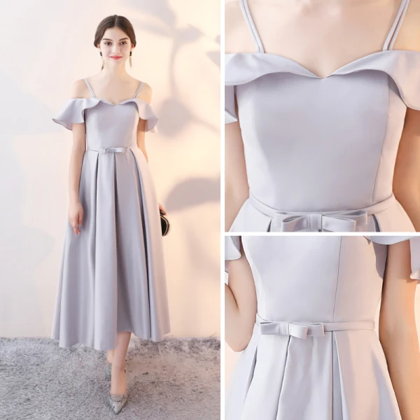 Chic / Beautiful Grey Homecoming Graduation Dresses 2018 A-Line / Princess Off-The-Shoulder Spaghetti Straps Short Sleeve Bow Sash Tea-length Ruffle Backless Formal Dresses