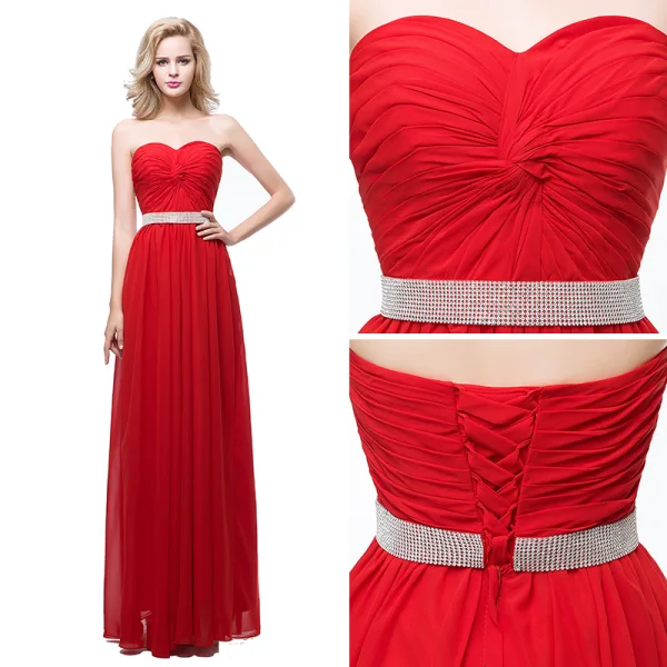 Enkel Rød Chiffon Selskapskjoler 2018 Empire Kjæreste Uten Ermer Rhinestone Sash Lange Buste Ryggløse Formelle Kjoler