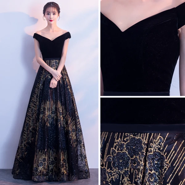 Bling Bling Navy Blue Evening Dresses 2018 A-Line / Princess V-Neck Short Sleeve Gold Glitter Tulle Floor-Length / Long Backless Formal Dresses