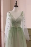 Fashion Gradient-Color Sage Green Appliques Prom Dresses 2024 A-Line / Princess V-Neck Long Sleeve Backless Floor-Length / Long Prom Formal Dresses