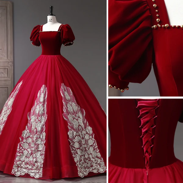 Vintage / Retro Burgundy Pearl Sequins Prom Dresses 2023 Ball Gown Square Neckline Puffy Short Sleeve Backless Floor-Length / Long Prom Formal Dresses