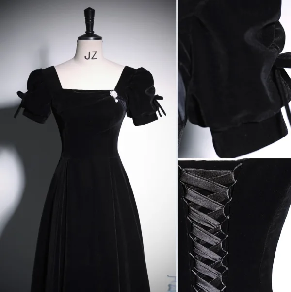 Elegant Black Solid Color Velvet Prom Dresses 2023 A-Line / Princess Square Neckline Short Sleeve Backless Floor-Length / Long Prom Formal Dresses