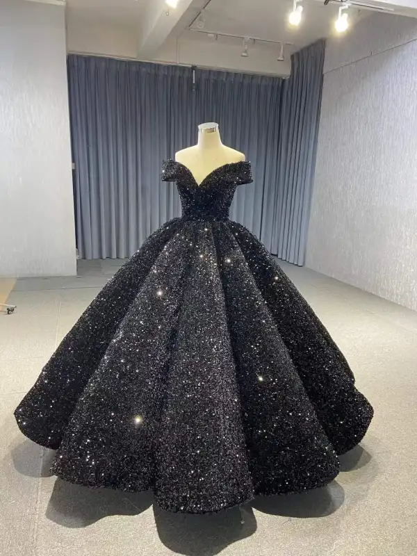 Sparkly Black Sequined Quinceañera Prom Dresses 2026 Sequins Formal Dresses With Cloak Crossed Straps Floor-Length / Long Off-The-Shoulder Ball Gown