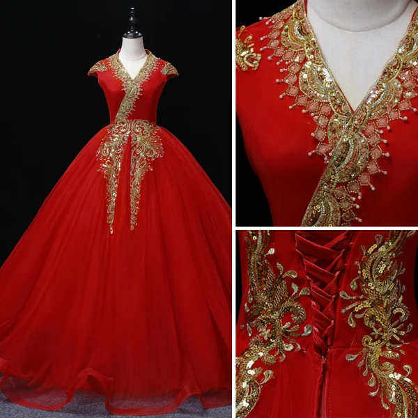 Élégant Rouge Robe De Bal 2022 Robe Boule V-Cou Perlage Perle Paillettes Mancherons Dos Nu Longue Robe De Ceremonie