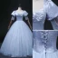 Élégant Bleu Ciel Perle Robe De Bal 2022 Robe Boule Encolure Carrée Noeud Manches Courtes Dos Nu Longue Robe De Ceremonie