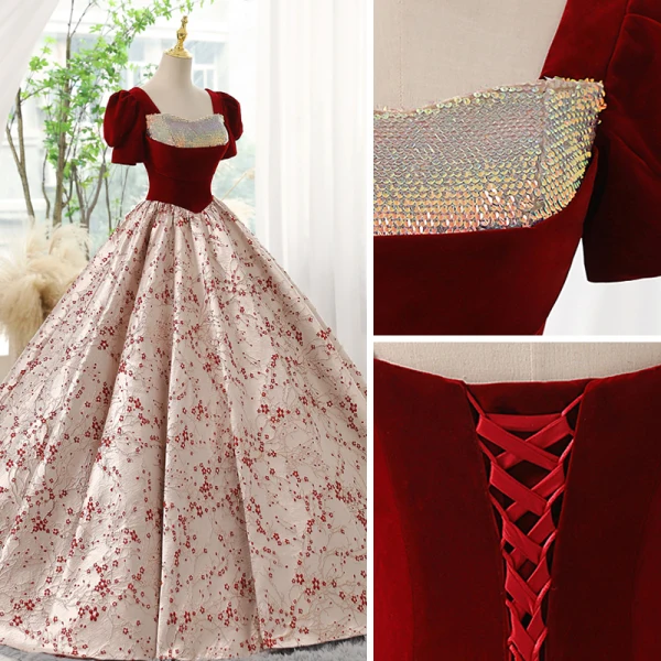 Elegant Burgundy Printing Prom Dresses 2023 Ball Gown Square Neckline Sequins Short Sleeve Backless Floor-Length / Long Prom Formal Dresses