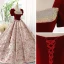 Elegant Burgundy Printing Prom Dresses 2023 Ball Gown Square Neckline Sequins Short Sleeve Backless Floor-Length / Long Prom Formal Dresses