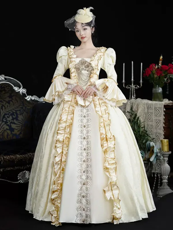Vintage / Retro Medieval Champagne Prom Dresses 2024 Flower Lace Floor-Length / Long U-Neck Cosplay Long Sleeve A-Line / Princess Ball Gown Prom