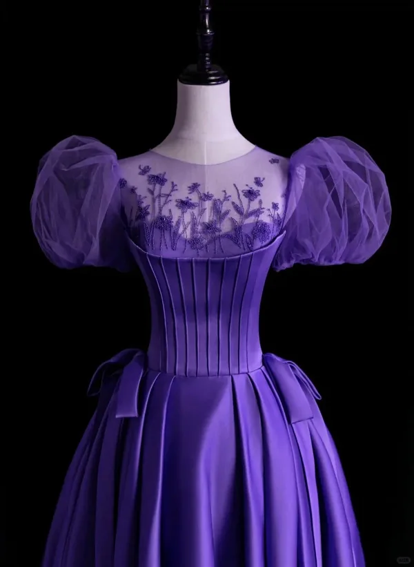Vintage / Retro Purple Beading Satin Prom Dresses 2025 A-Line / Princess Scoop Neck Puffy Short Sleeve Backless Floor-Length / Long Prom Formal Dresses