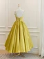 Modest / Simple Yellow Satin Homecoming Graduation Dresses 2024 A-Line / Princess Spaghetti Straps Bow Sleeveless Backless Tea-length