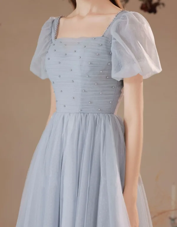 Chic / Belle Bleu Ciel Perle de retour Robe De Graduation 2023 Princesse Encolure Carrée Manches Courtes Dos Nu Thé Longueur Robe De Ceremonie