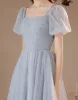 Hermoso Azul Cielo Perla de fiesta Vestidos de graduación 2023 A-Line / Princess Escote Cuadrado Manga Corta Sin Espalda Té De Longitud Vestidos Formales