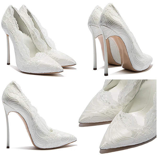 Schöne Weiß 2018 Hochzeit 10 cm / 4 inch Hochhackige Satin Mit Spitze Applikationen Spitzschuh Abend Ball Brautschuhe