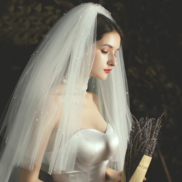 Romantique Ivoire Courte Voile De Mariée 2020 Tulle Perlage Perle Mariage