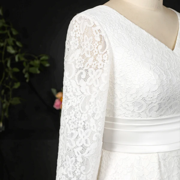 Classic Elegant Ivory Plus Size Wedding Dresses 2020 A-Line / Princess V-Neck Floor-Length / Long Lace Satin Long Sleeve Checked Embroidered Solid Color Wedding