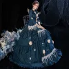 Vintage / Retro Medieval Victorian Style Ink Blue Ball Gown Prom Dresses 2021 Square Neckline Crossed Straps Floor-Length / Long 3/4 Sleeve 3D Lace Flower Pearl Tassel Printing Cosplay Prom Formal Dresses