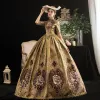 Vintage / Retro Medieval Gold Ball Gown Prom Dresses 2021 1/2 Sleeves High Neck Floor-Length / Long Zipper Up 3D Lace Printing Satin Cosplay Formal Dresses