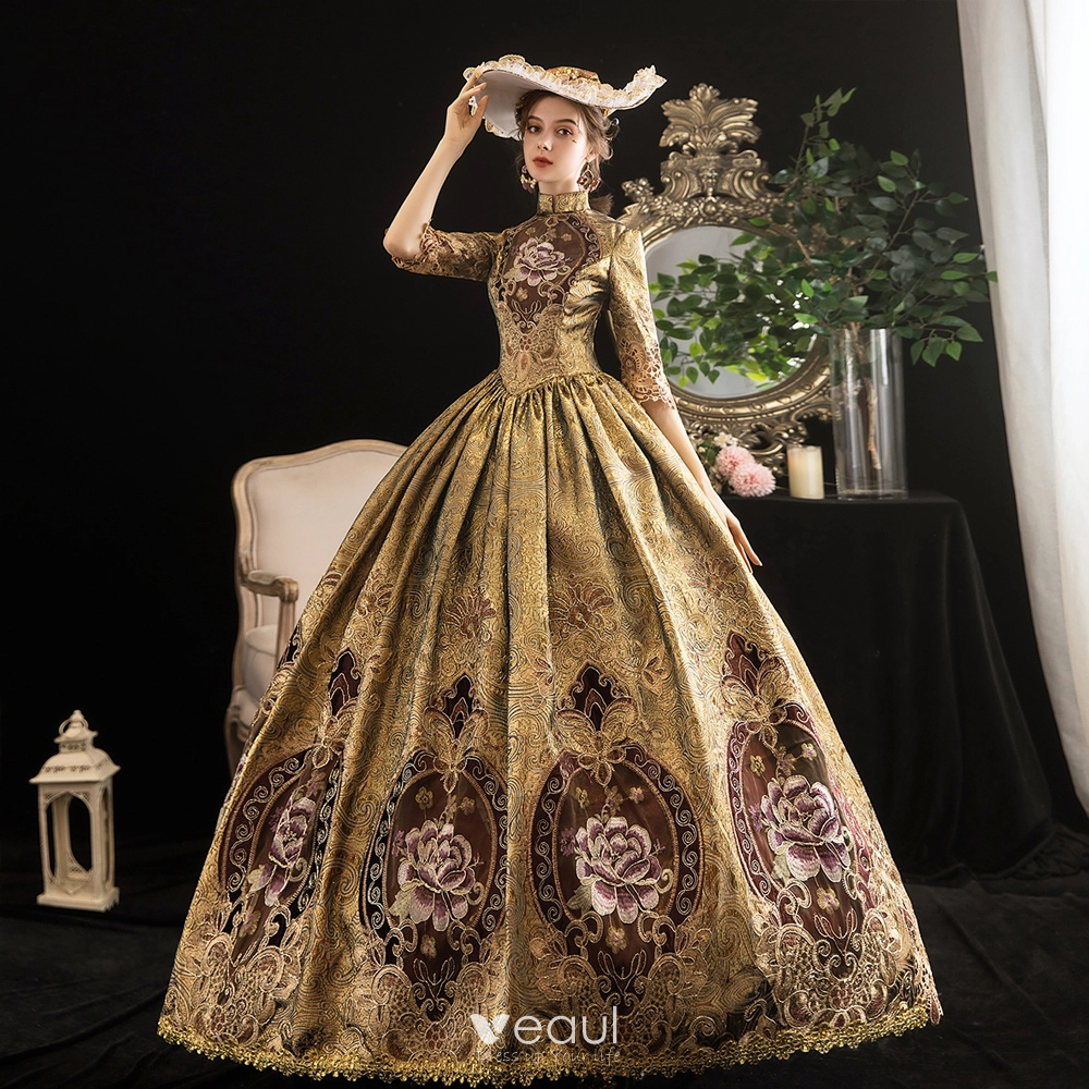 Vintage / Retro Medieval Gold Ball Gown Prom Dresses 2021 1/2 Sleeves High  Neck Floor-Length / Long Zipper Up 3D Lace Printing Satin Cosplay Formal  Dresses
