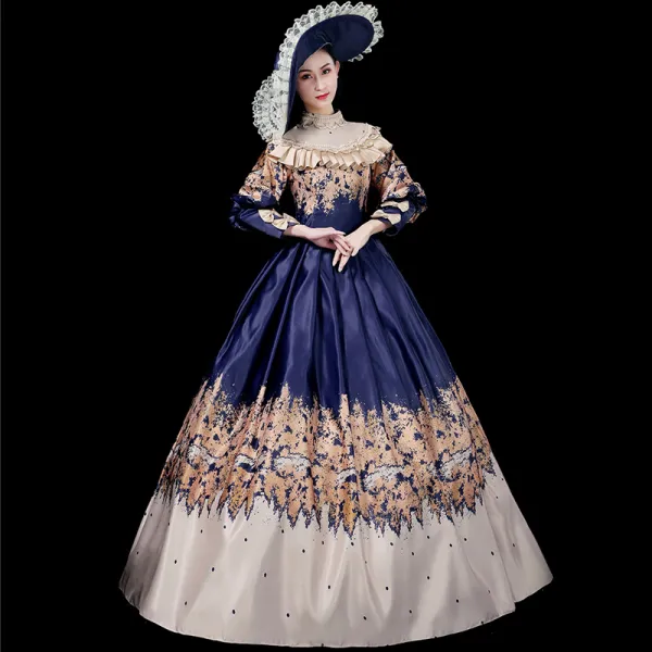 Vintage / Retro Medieval Navy Blue Ball Gown Prom Dresses 2021 Scoop Neck Long Sleeve Floor-Length / Long Lace Satin Printing Prom Formal Dresses
