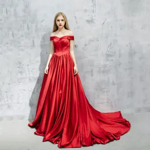 Simple Rouge Robe De Soirée 2017 Princesse De L Épaule Dos Nu Volants Satin Faux Diamant Robe De Ceremonie Chapel Train