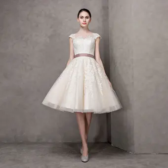 Elegant Champagne Wedding Dresses 2017 A Line Princess Square Neckline Short Sleeve Appliques Lace Bow Sash Pearl Knee Length