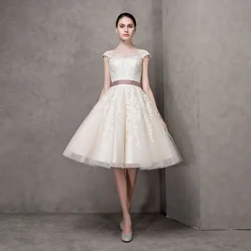 Elegant Champagne Wedding Dresses 2017 A Line Princess Square Neckline Short Sleeve Appliques Lace Bow Sash Pearl Knee Length