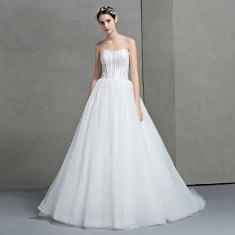 Schlicht Weiß Brautkleider 2017 A Linie Ärmellos Herz Ausschnitt Rückenfreies Organza Rüschen Hof Schleppe