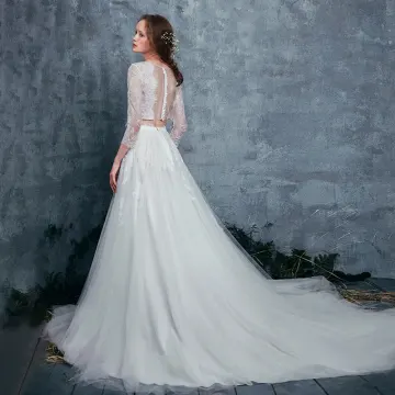 Bohême 2 Pièces Plage Robe De Mariée 2017 Princesse Manches Longues Appliques En Dentelle Blanche Volants Tulle Tribunal Train