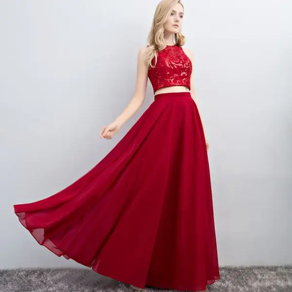 2 Pièces Bleu Marine Robe De Bal 2017 Princesse Encolure Dégagée Sans Manches Longue Volants Chiffon Robe De Ceremonie