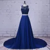 2 Piece Navy Blue Prom Dresses 2017 A-Line / Princess Scoop Neck Sleeveless Beading Satin Formal Dresses Court Train
