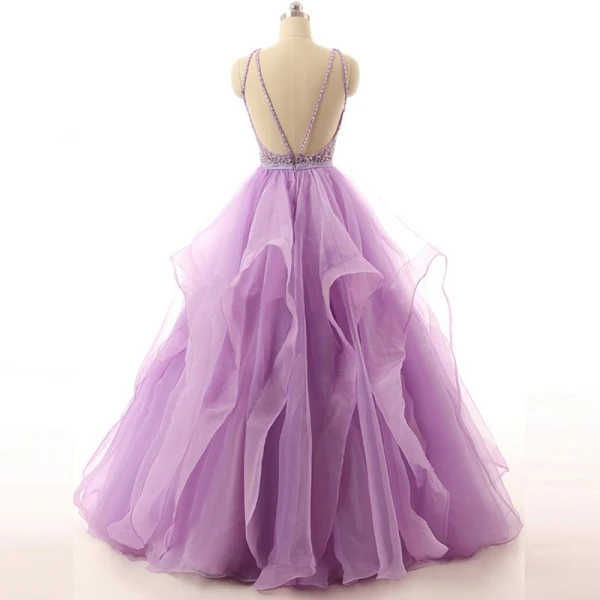 Romantic Lilac Prom Dresses Ball Gown Scoop Neck Sleeveless Backless Spaghetti Straps Organza Formal Dresses