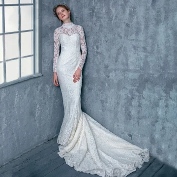 Vintage Originale Ivoire Dentelle Robe De Mariée 2017 Trompette Sirène Col Haut Manches Longues Dos Nu Laçage Tribunal Train