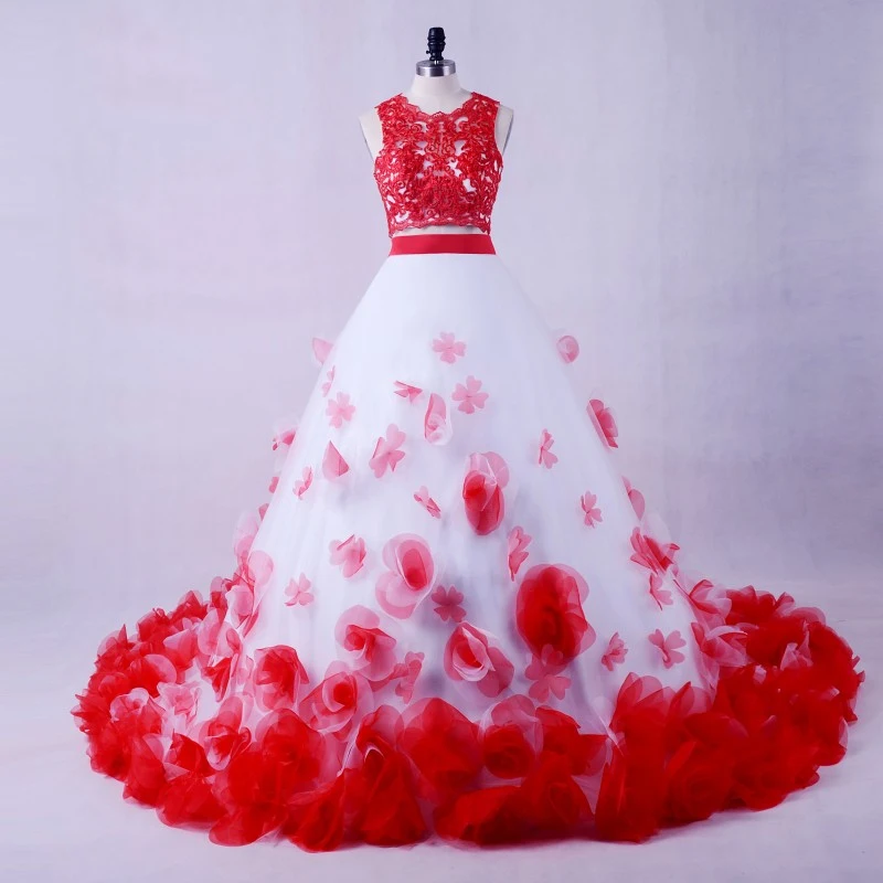 Stunning 2 Piece Red White Wedding Dresses 2017 Scoop Neck Strapless Sleeveless Ruffle