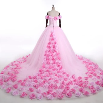 Stunning Candy Pink Flower Wedding Dresses 2017 V Neck Off The Shoulder Ruffle Tulle Ball Gown Prom Dresses Chapel Train