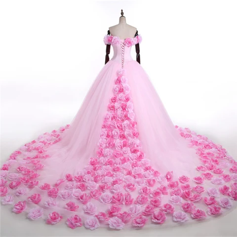 Atemberaubend Pink Blumen Brautkleider 2017 V-Ausschnitt Off Shoulder Rüschen Tülle Ballkleid Ballkleider Kapelle-Schleppe