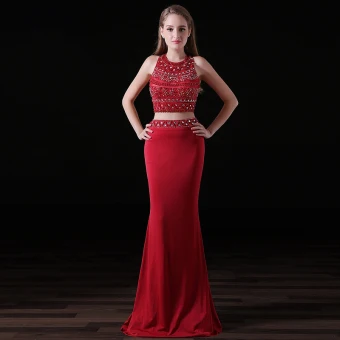Scintillantes 2 Pièces Bordeaux Robe De Soirée 2017 Trompette Sirène Titulaire Sans Manches Perlage Cristal Faux Diamant Satin Mousseline Dos Nu Robe De Ceremonie