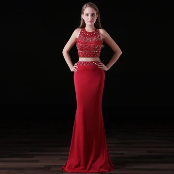 Glitter 2 Stuk Bordeaux Avondjurken 2017 Trompet Zeemeermin Houder Mouwloos Kralen Kristal Rhinestone Satijn Chiffon Ruglooze Gelegenheid Jurken
