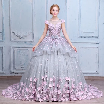 Étourdissant Unique Robe De Mariée 2017 Encolure Dégagée Sans Manches Appliques Noeud Dentelle Rougissant Rose Fleur Gris Organza Robe Boule Robe De Bal Chapel Train