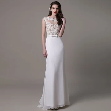 Mode Weiß Mermaid Strand Chiffon Brautkleider 2017 Rundhalsausschnitt Ärmellos Perle Applikationen Mit Spitze Sweep Pinsel Zug